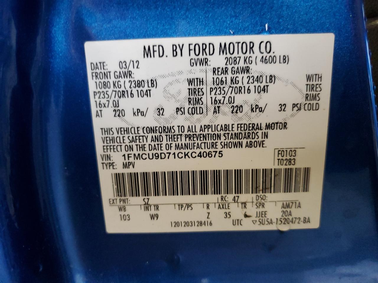 2012 Ford Escape Xlt VIN: 1FMCU9D71CKC40675 Lot: 65521954