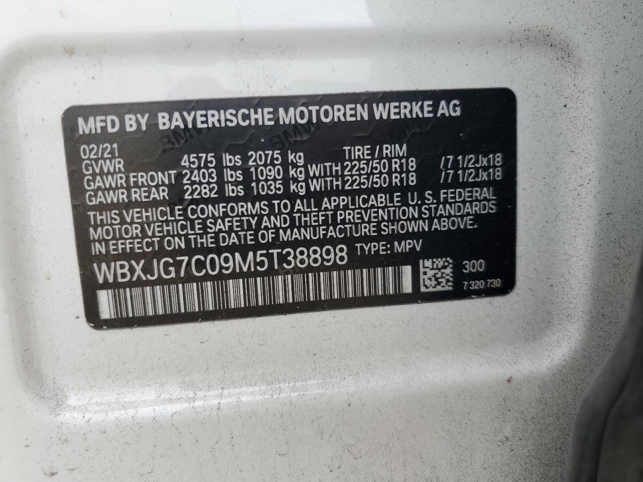 2021 BMW X1 Sdrive28I VIN: WBXJG7C09M5T38898 Lot: 69191584