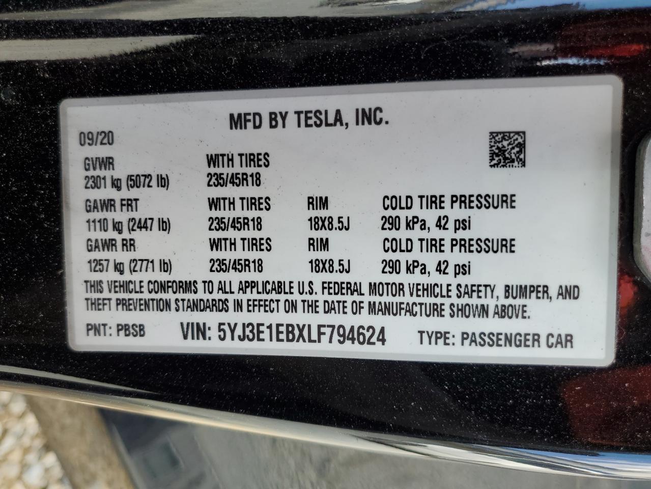 2020 Tesla Model 3 VIN: 5YJ3E1EBXLF794624 Lot: 68550374