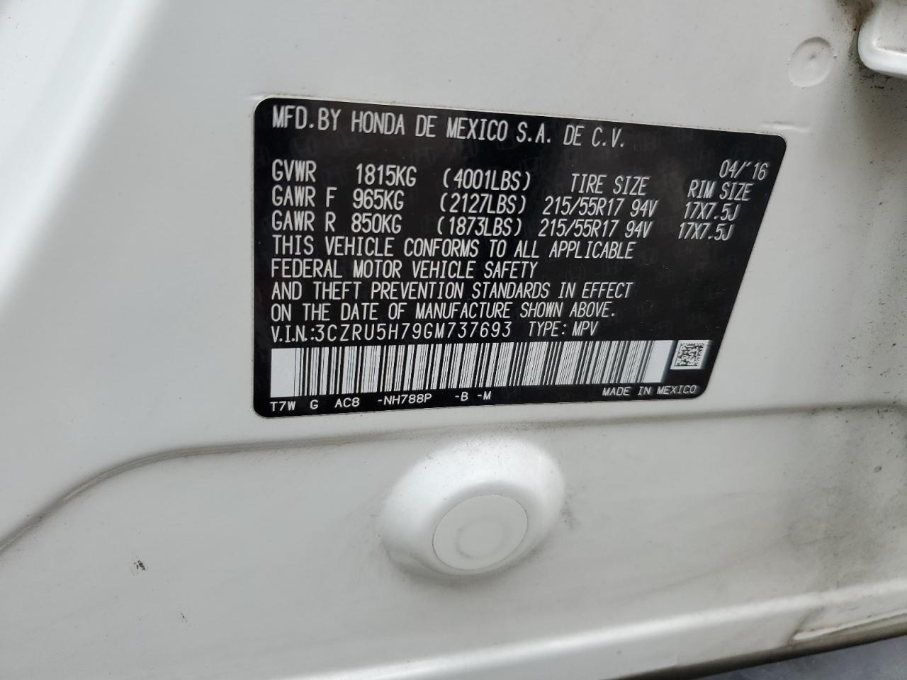 2016 Honda Hr-V Exl VIN: 3CZRU5H79GM737693 Lot: 66350084