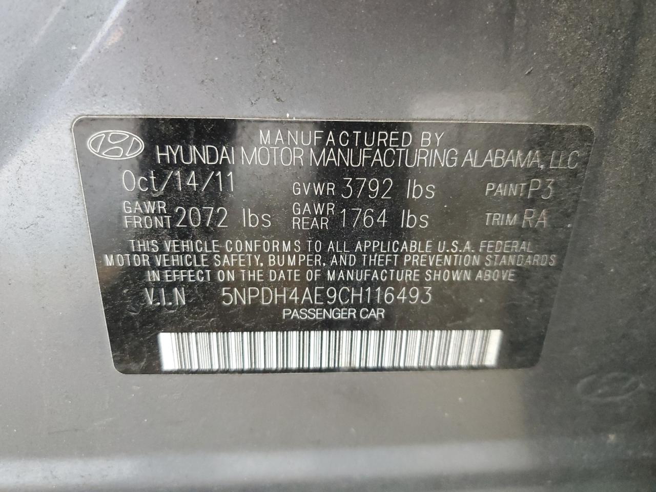 5NPDH4AE9CH116493 2012 Hyundai Elantra Gls