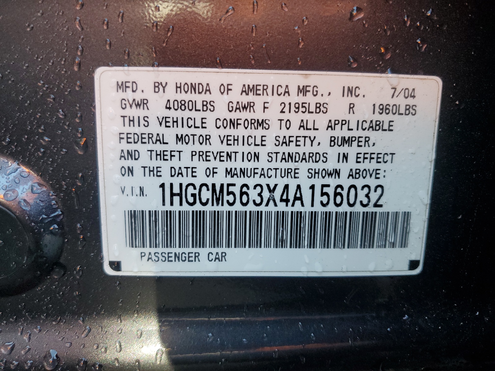 1HGCM563X4A156032 2004 Honda Accord Lx