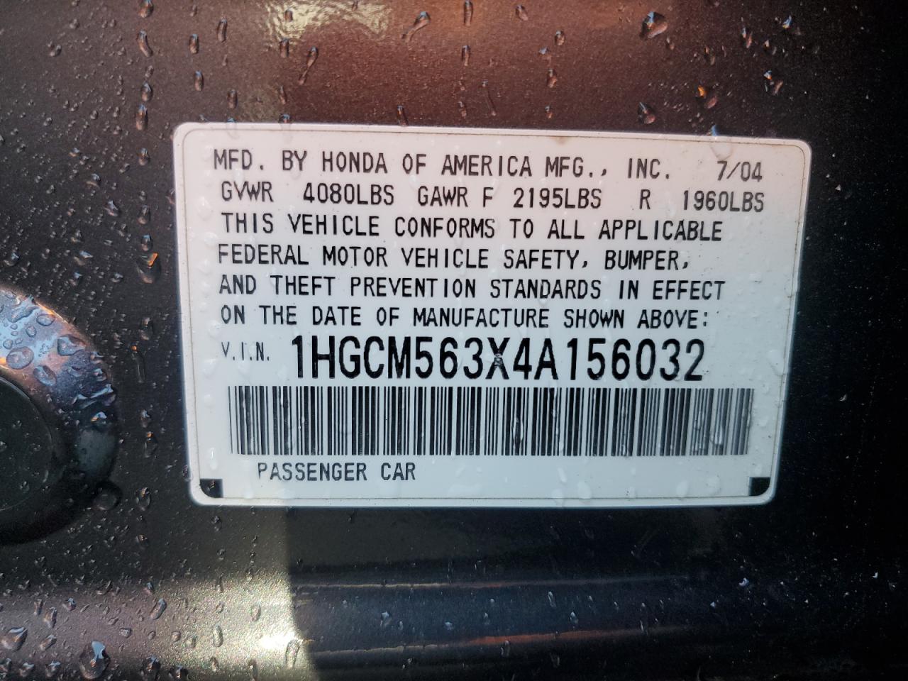 2004 Honda Accord Lx VIN: 1HGCM563X4A156032 Lot: 66658664