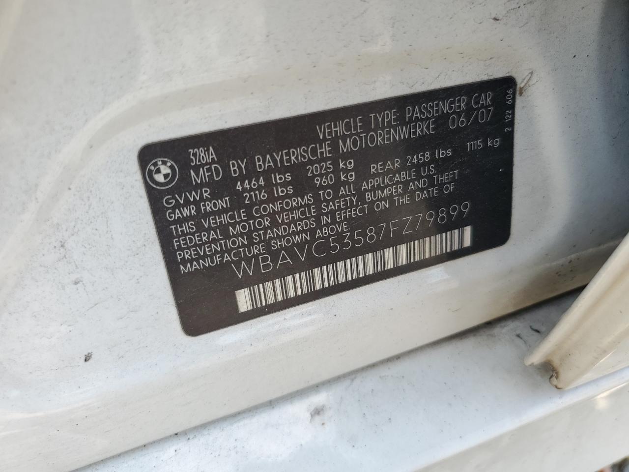 2007 BMW 328 I Sulev VIN: WBAVC53587FZ79899 Lot: 66210154