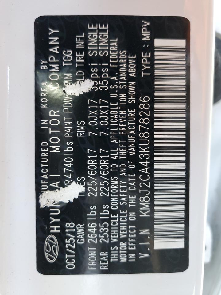 2019 Hyundai Tucson Se VIN: KM8J2CA43KU878286 Lot: 66179834