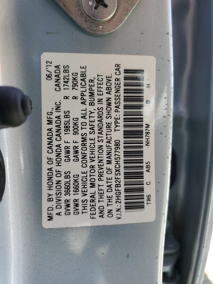 2HGFB2F5XCH577980 2012 Honda Civic Lx