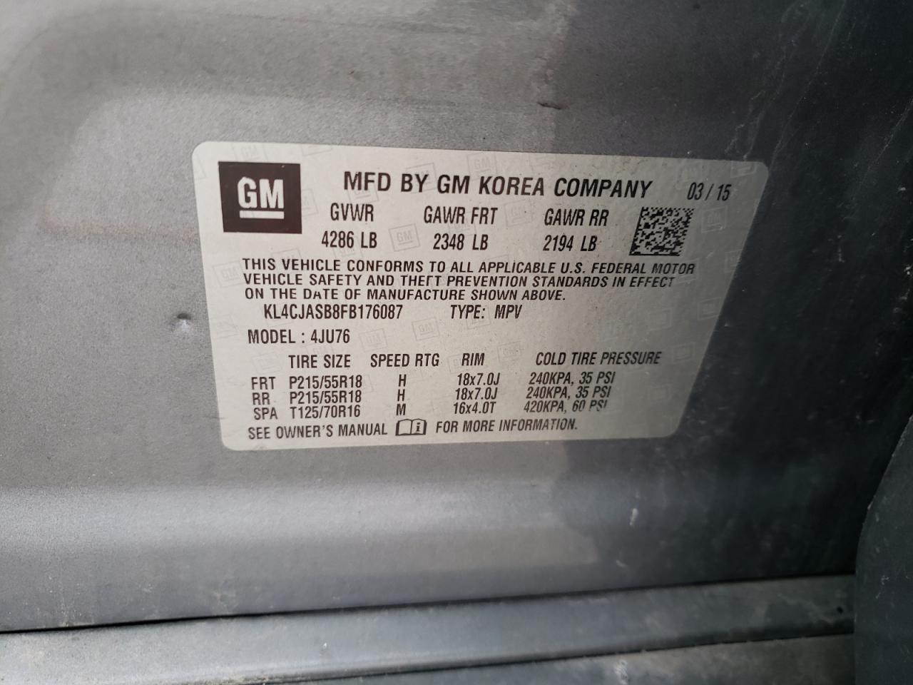 2015 Buick Encore VIN: KL4CJASB8FB176087 Lot: 65848384