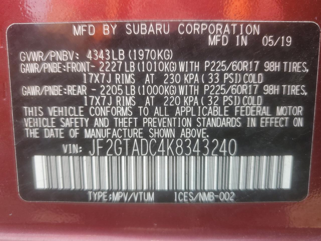 2019 Subaru Crosstrek Premium VIN: JF2GTADC4K8343240 Lot: 67092994