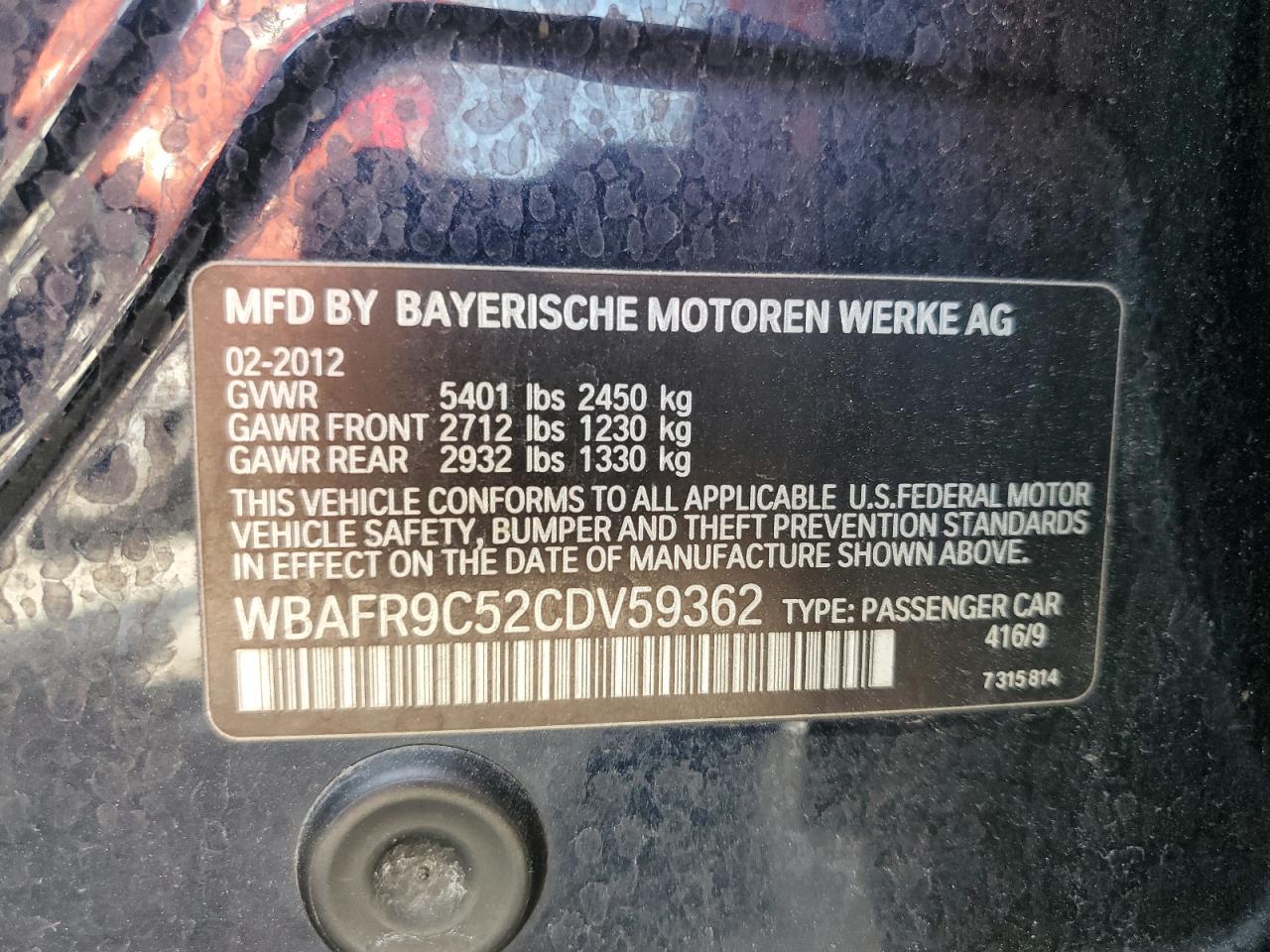 2012 BMW 550 I VIN: WBAFR9C52CDV59362 Lot: 66208894