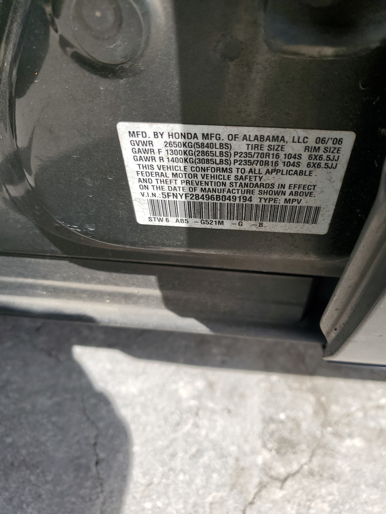 5FNYF28496B049194 2006 Honda Pilot Ex