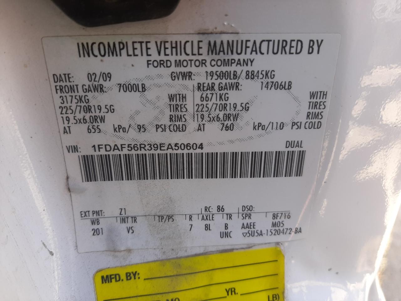 2009 Ford F550 Super Duty VIN: 1FDAF56R39EA50604 Lot: 65680124