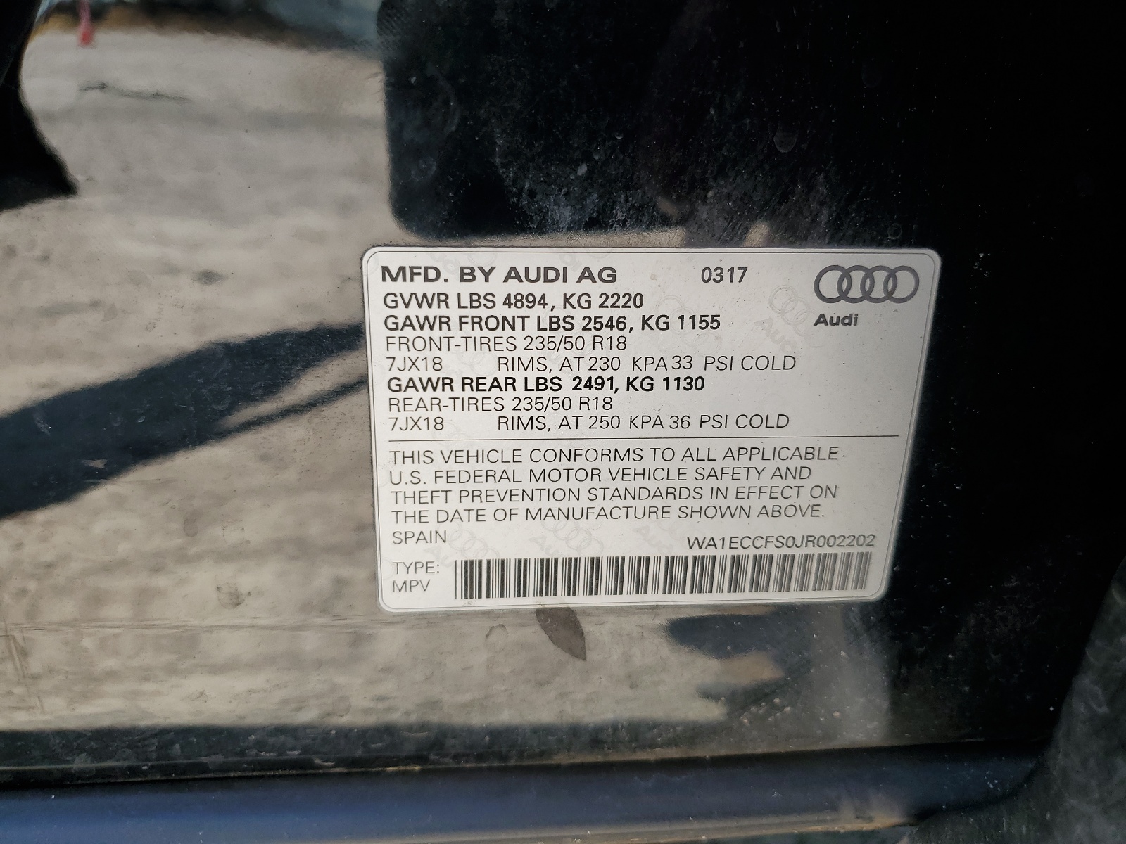 WA1ECCFS0JR002202 2018 Audi Q3 Premium