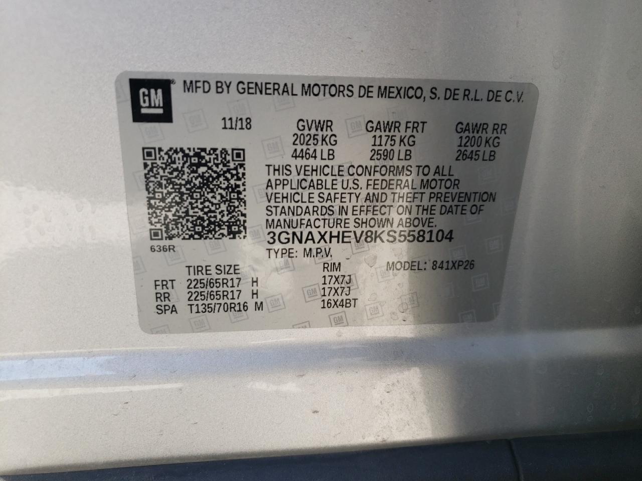 3GNAXHEV8KS558104 2019 Chevrolet Equinox Ls