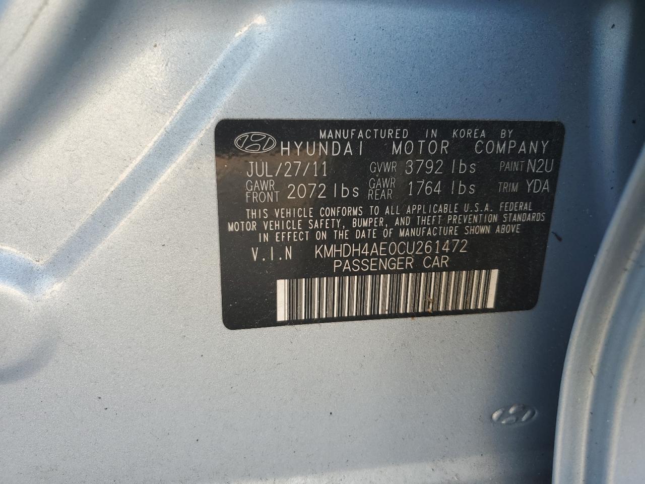 2012 Hyundai Elantra Gls VIN: KMHDH4AE0CU261472 Lot: 66343344