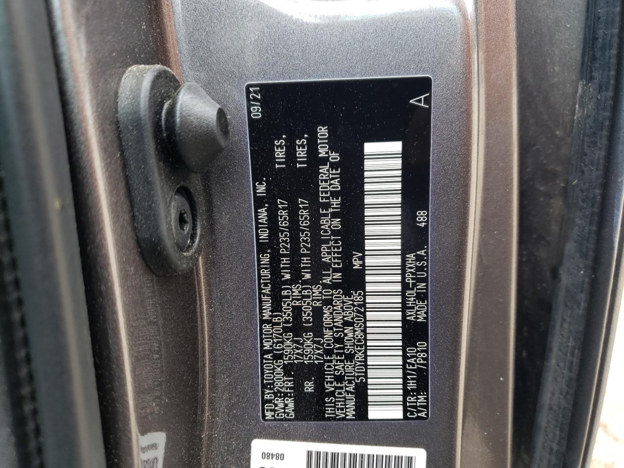 2021 Toyota Sienna Xle VIN: 5TDYRKEC8MS072185 Lot: 66697514