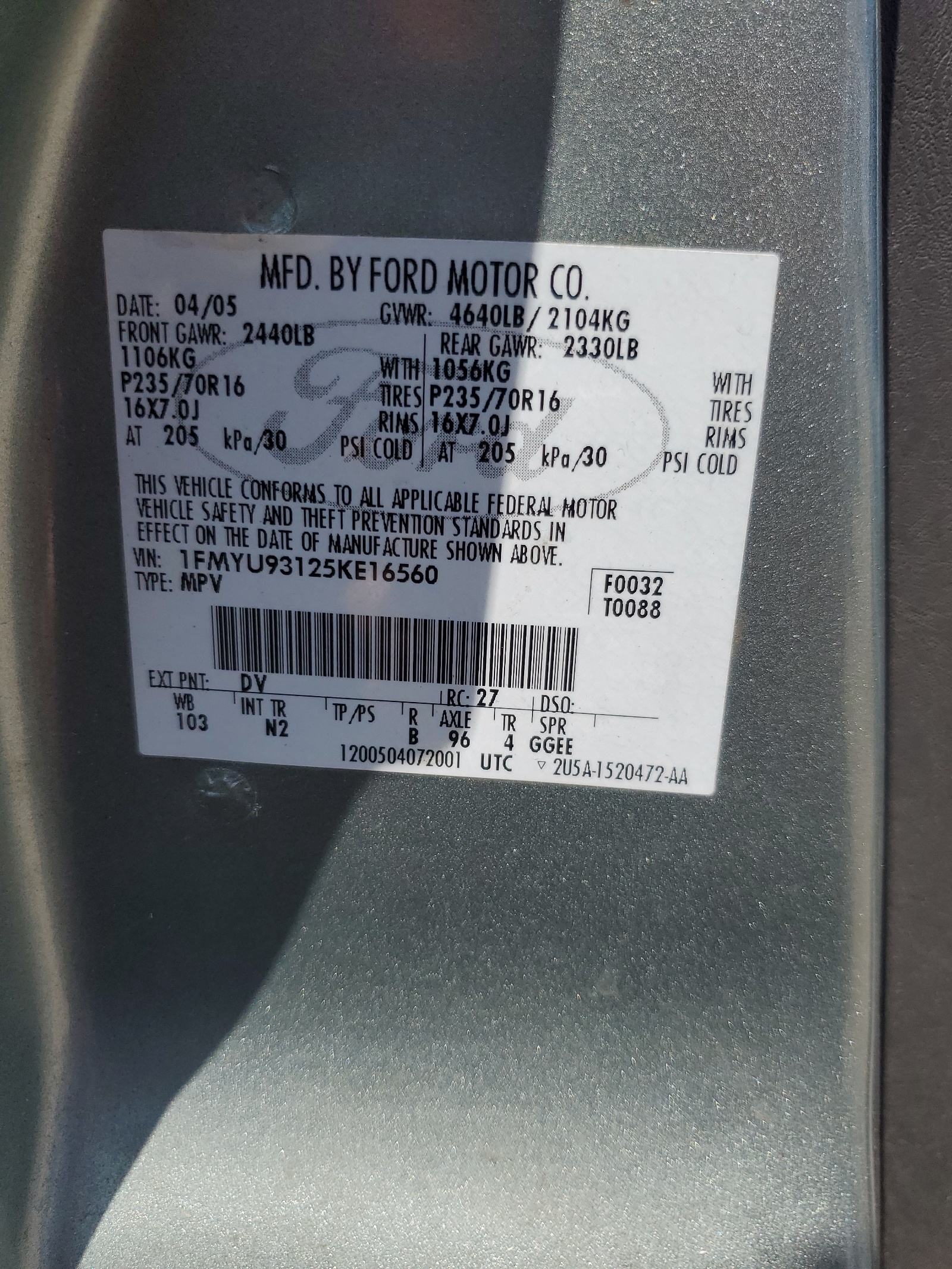 1FMYU93125KE16560 2005 Ford Escape Xlt