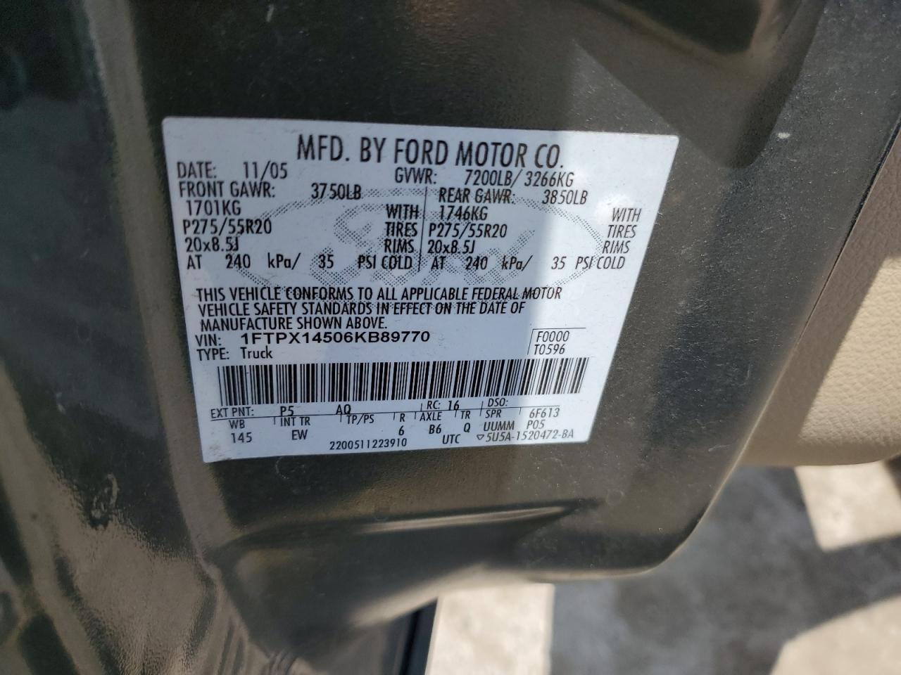 2006 Ford F150 VIN: 1FTPX14506KB89770 Lot: 68866834