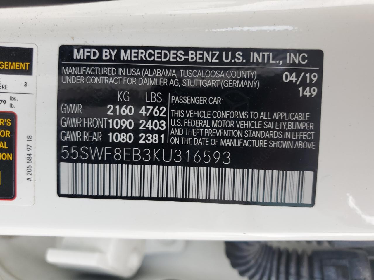 2019 Mercedes-Benz C 300 4Matic VIN: 55SWF8EB3KU316593 Lot: 66148314