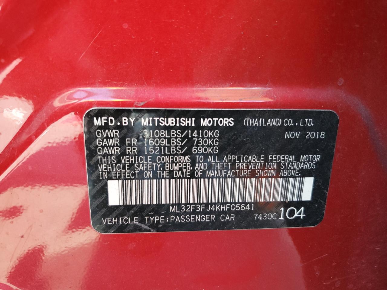 ML32F3FJ4KHF05641 2019 Mitsubishi Mirage G4 Es