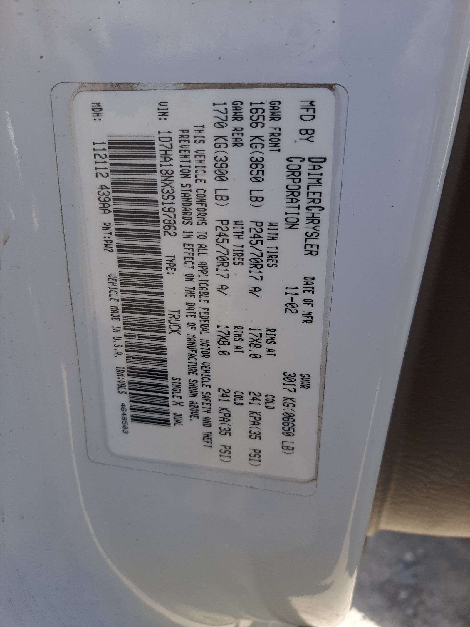 1D7HA18NX3S197862 2003 Dodge Ram 1500 St