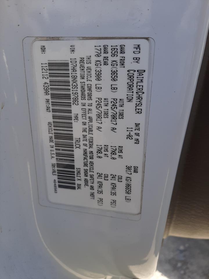 2003 Dodge Ram 1500 St VIN: 1D7HA18NX3S197862 Lot: 58566514