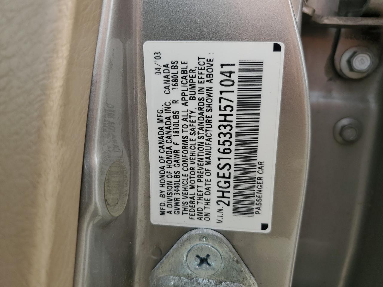 2003 Honda Civic Lx VIN: 2HGES16533H571041 Lot: 67292844