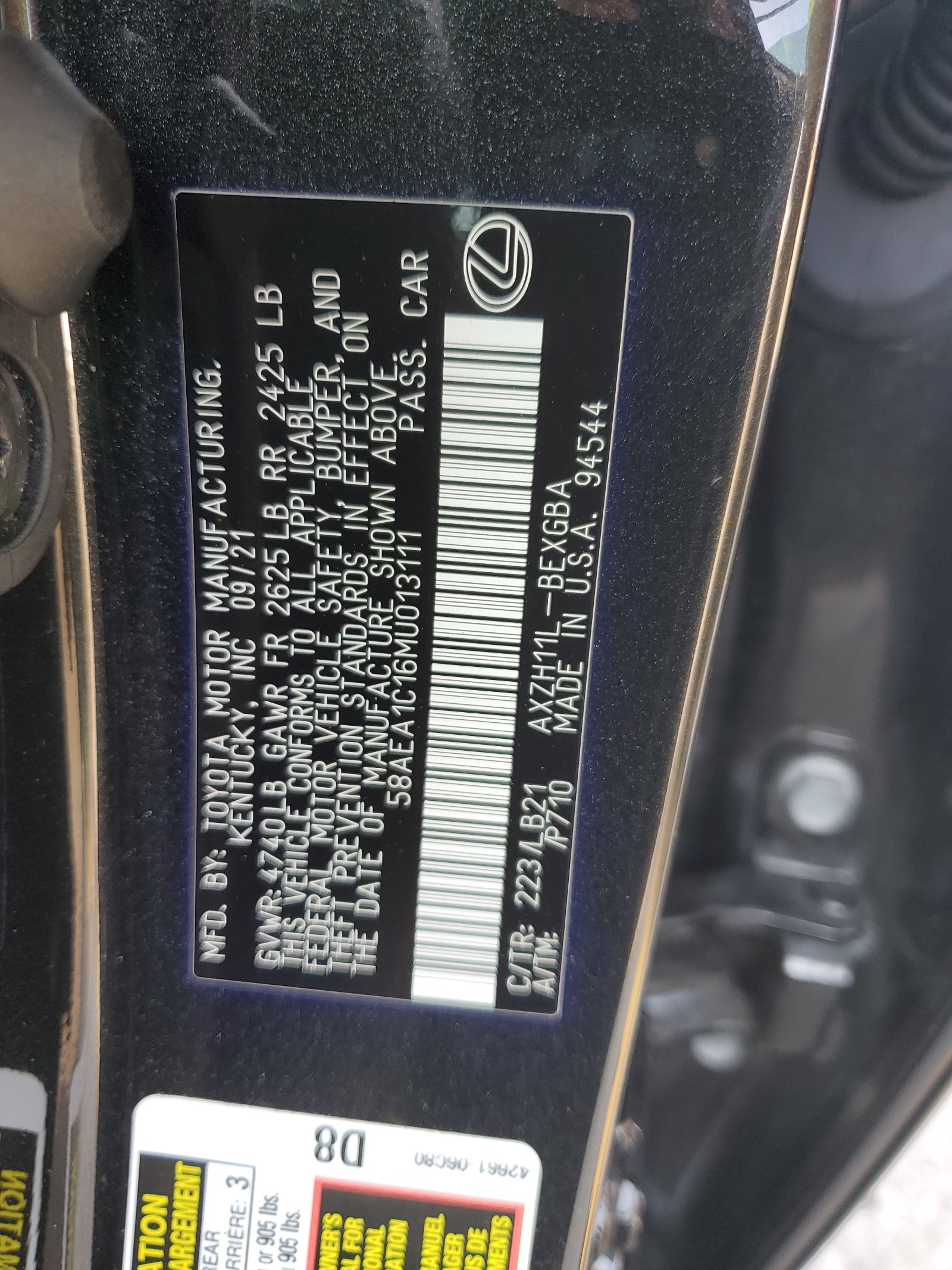 58AEA1C16MU013111 2021 Lexus Es 300H Luxury