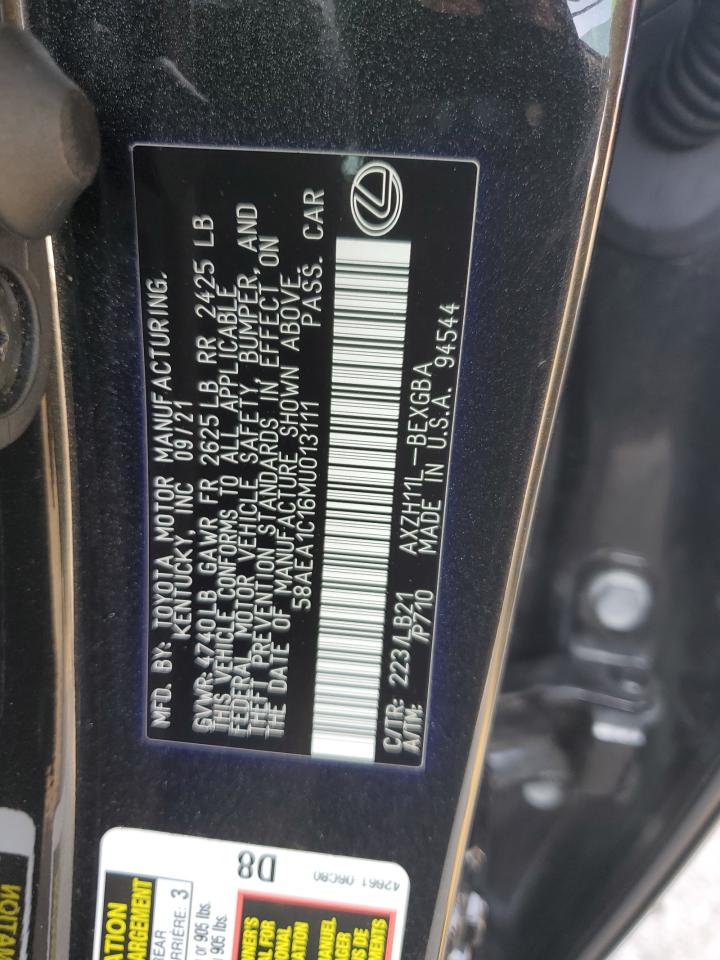 2021 Lexus Es 300H Luxury VIN: 58AEA1C16MU013111 Lot: 64698124