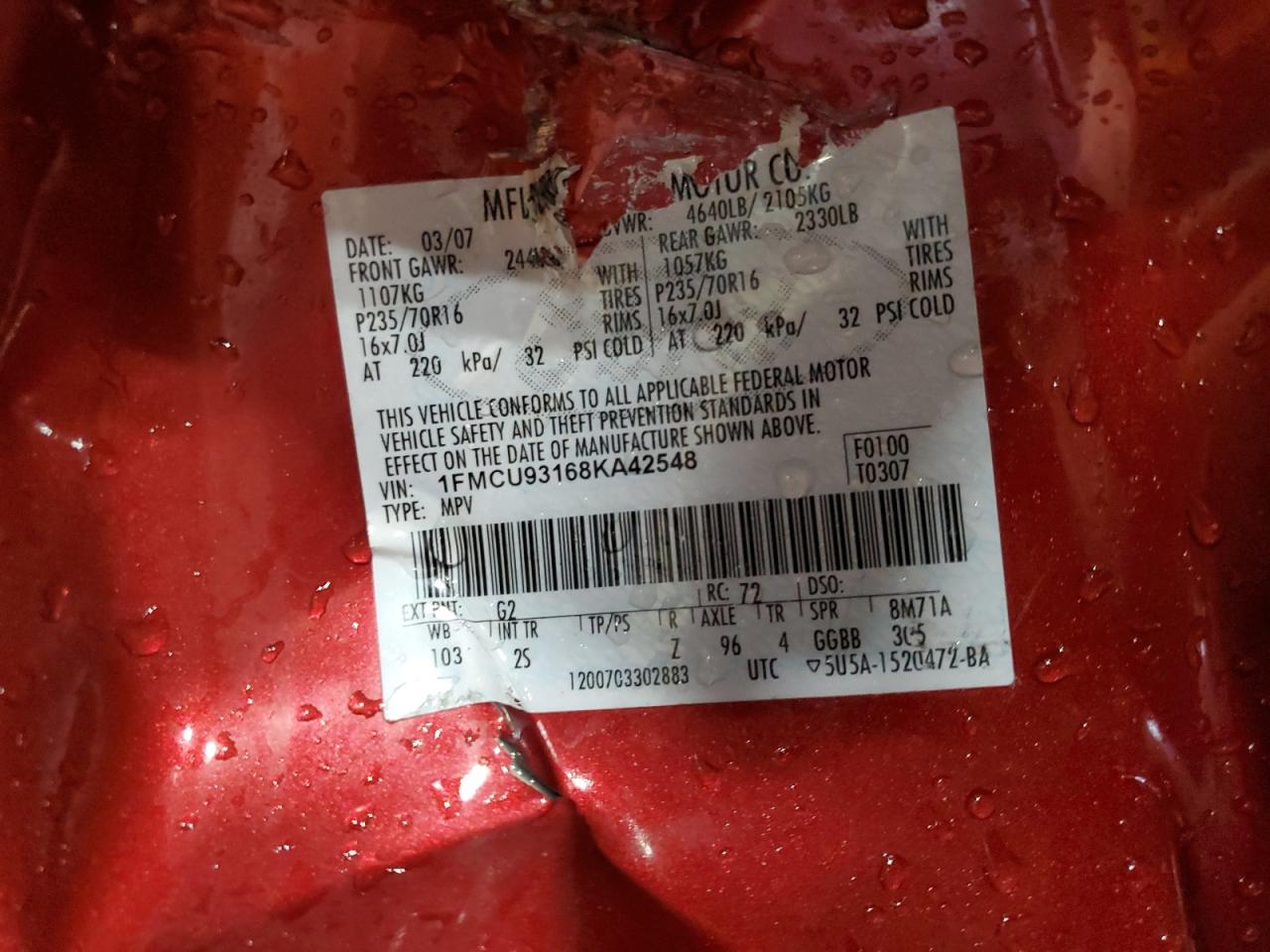 2008 Ford Escape Xlt VIN: 1FMCU93168KA42548 Lot: 66929464