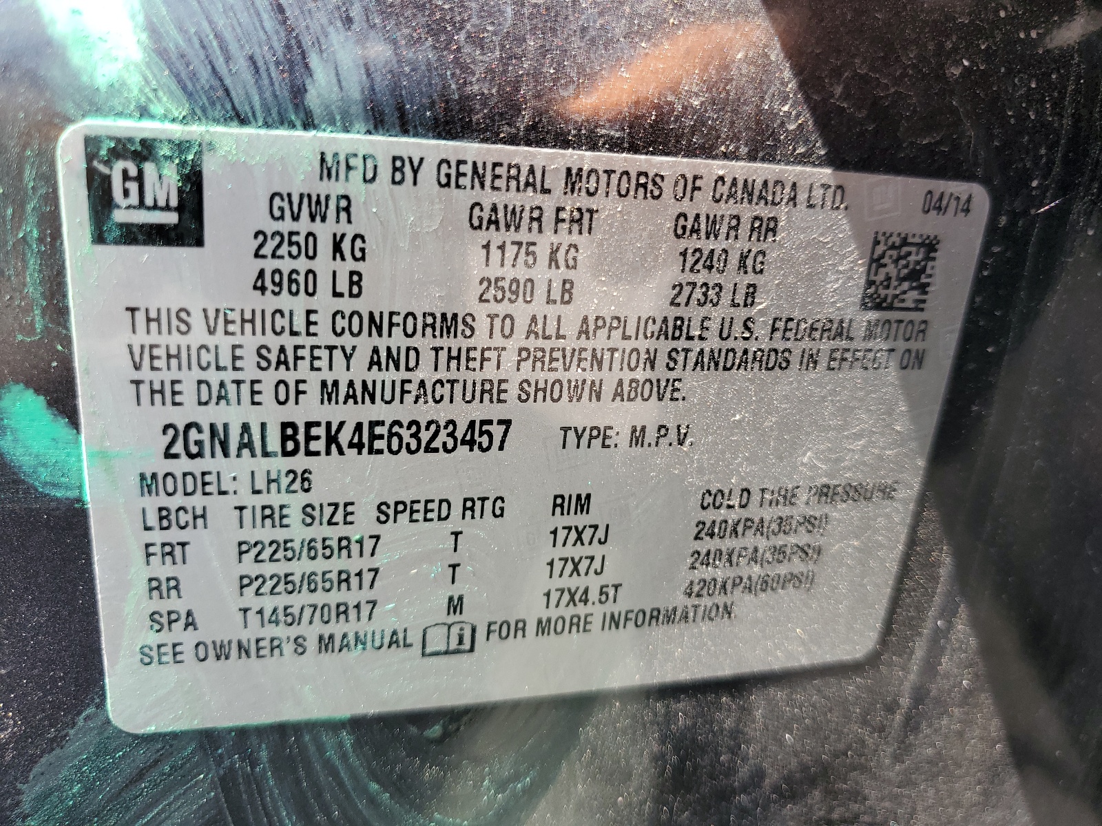 2GNALBEK4E6323457 2014 Chevrolet Equinox Lt