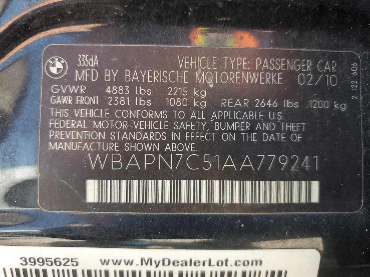 2010 BMW 335 D VIN: WBAPN7C51AA779241 Lot: 67787684