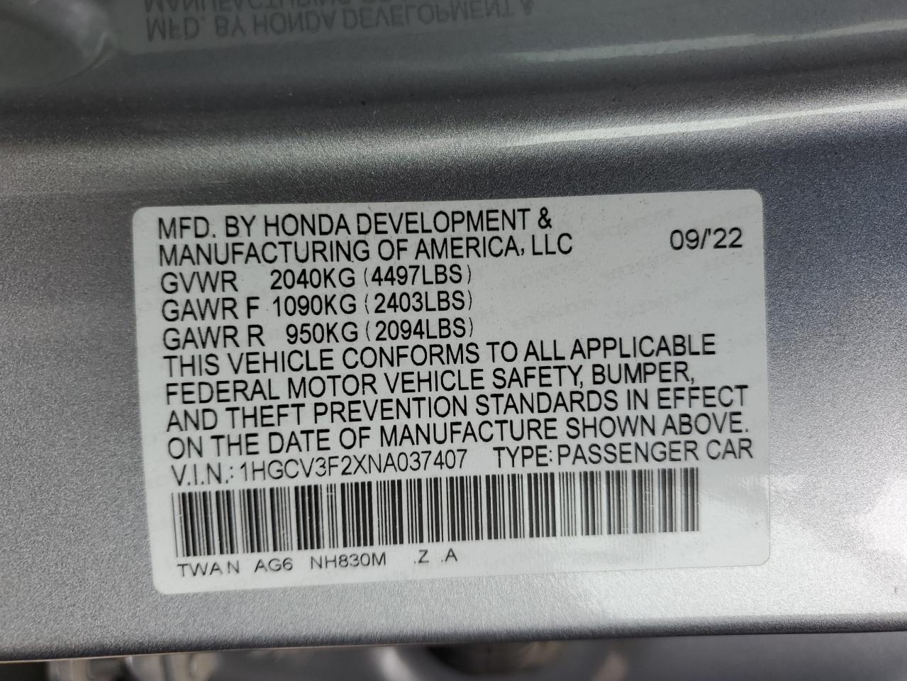 1HGCV3F2XNA037407 2022 Honda Accord Hybrid Sport