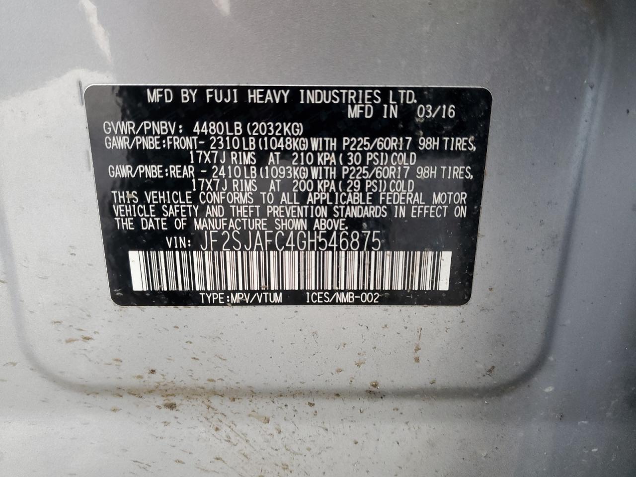 JF2SJAFC4GH546875 2016 Subaru Forester 2.5I Premium