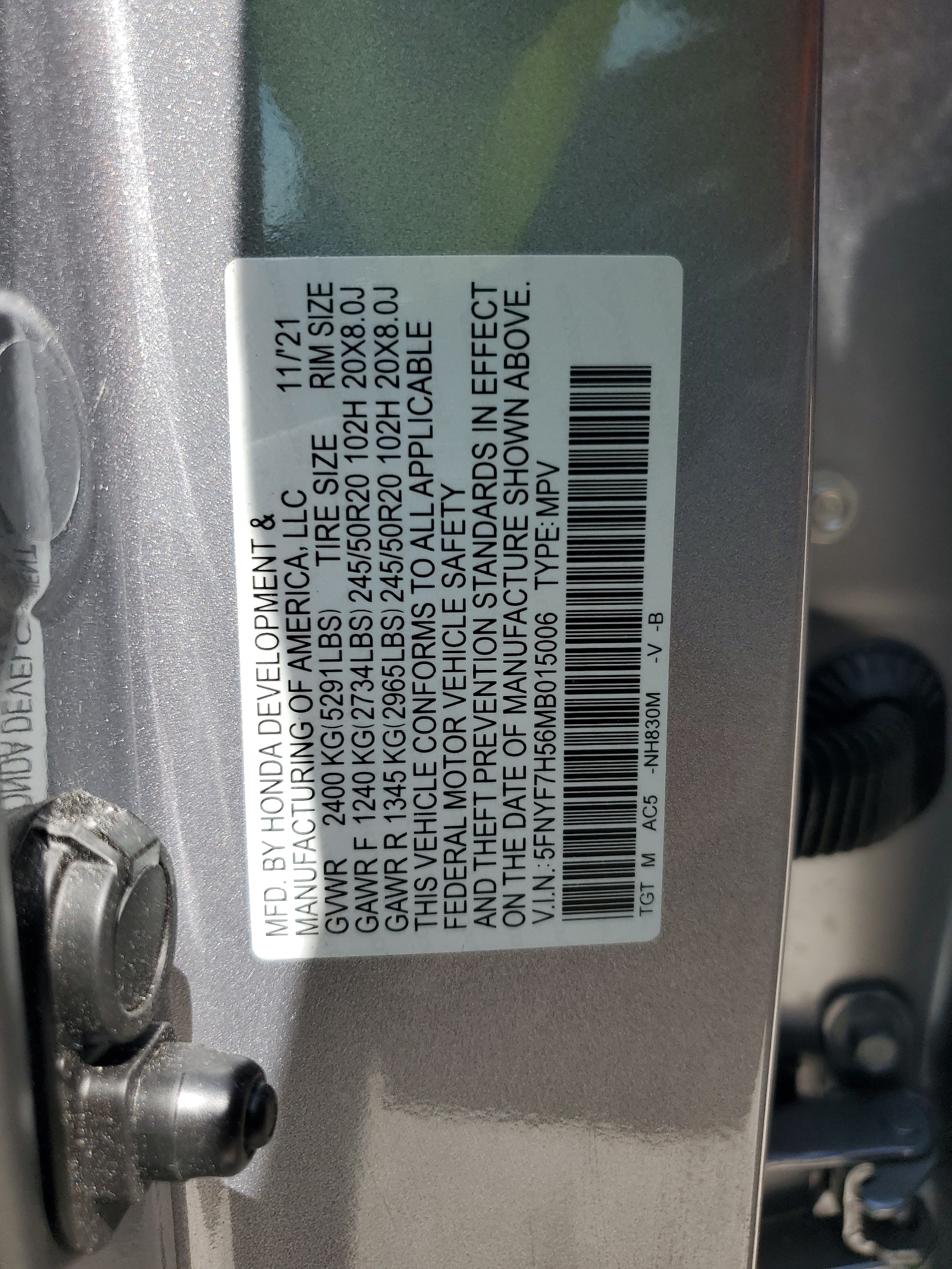 5FNYF7H56MB015006 2021 Honda Passport Exl