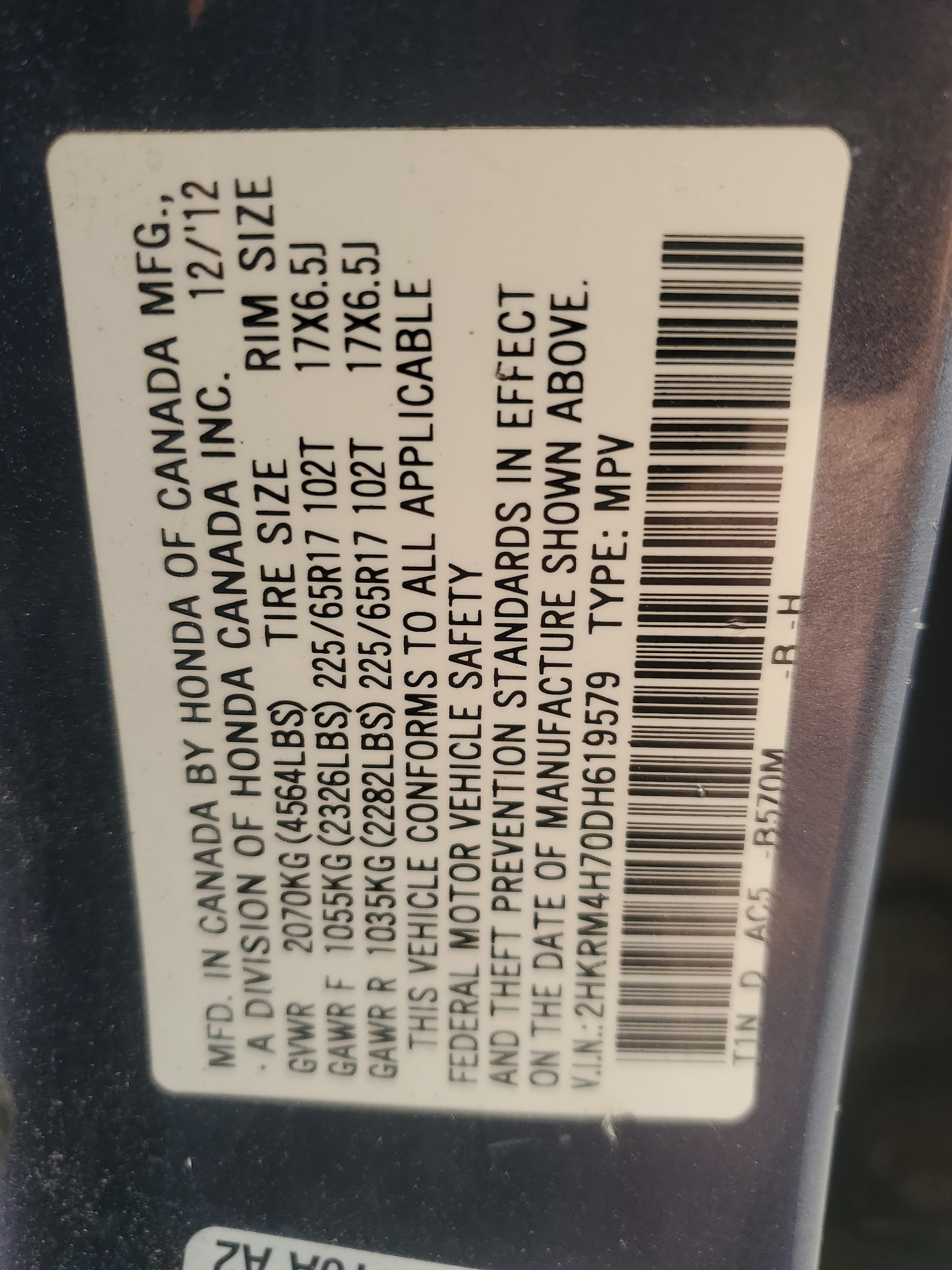 2HKRM4H70DH619579 2013 Honda Cr-V Exl