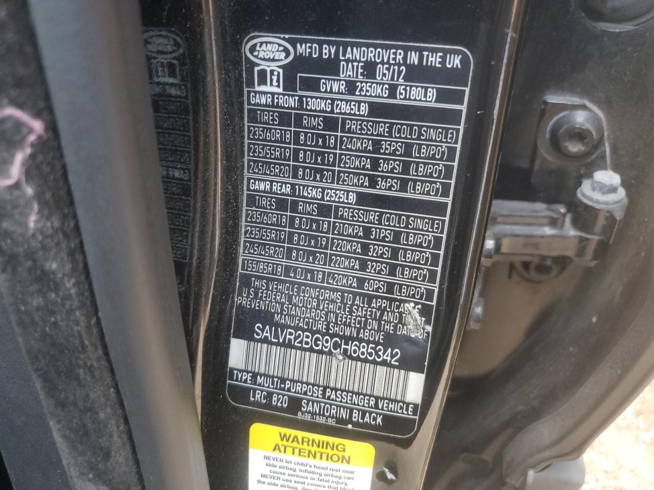 2012 Land Rover Range Rover Evoque Pure Premium VIN: SALVR2BG9CH685342 Lot: 65832614