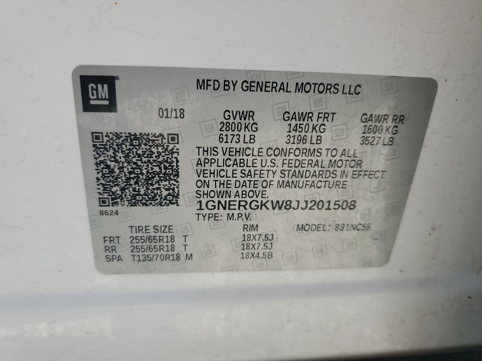 1GNERGKW8JJ201508 2018 Chevrolet Traverse Lt