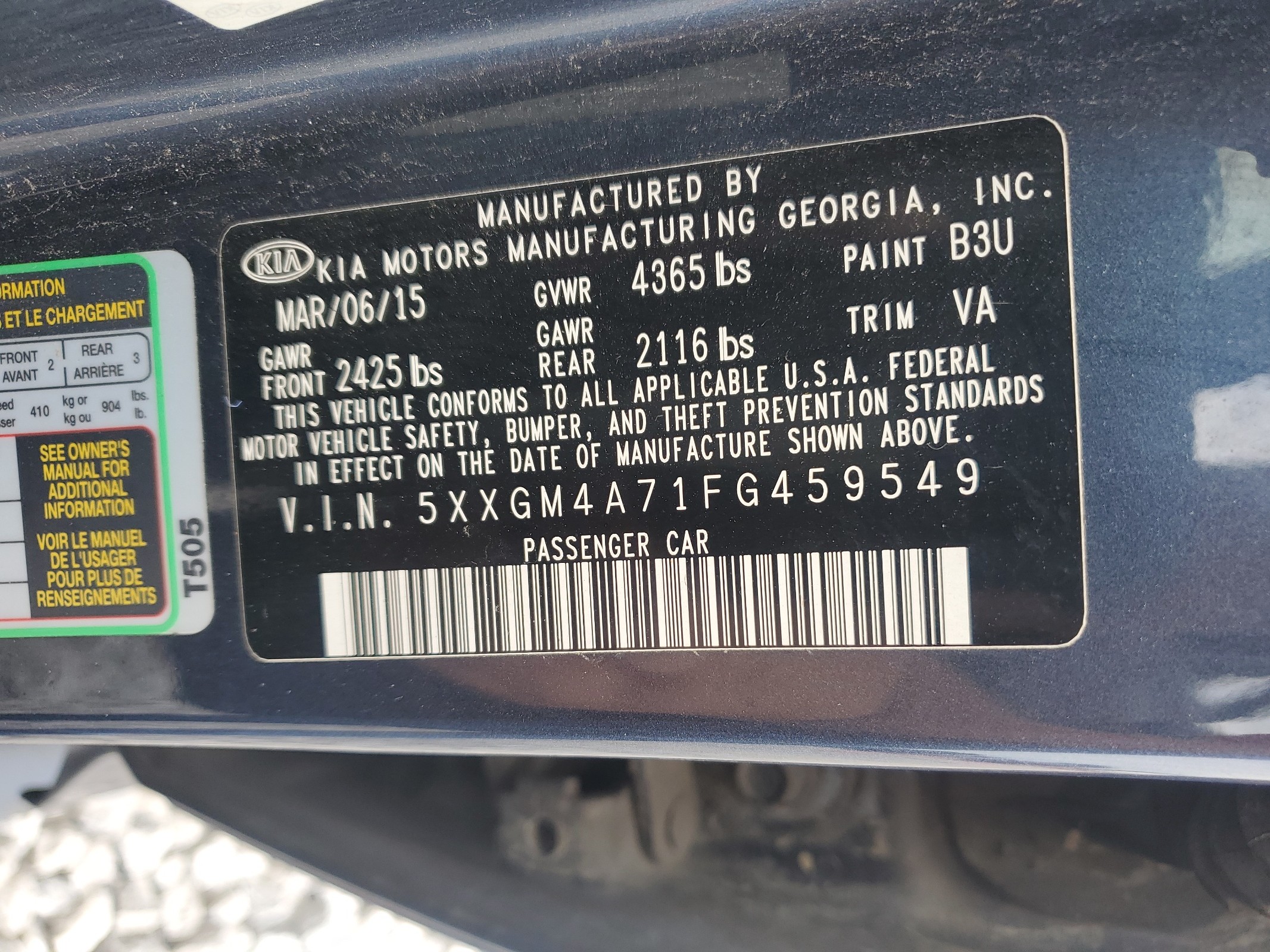 5XXGM4A71FG459549 2015 Kia Optima Lx