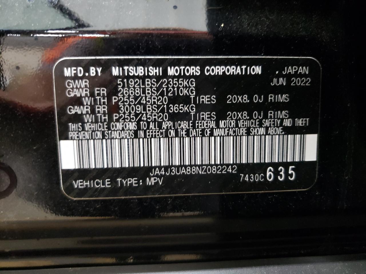 2022 Mitsubishi Outlander Se VIN: JA4J3UA88NZ082242 Lot: 68820114