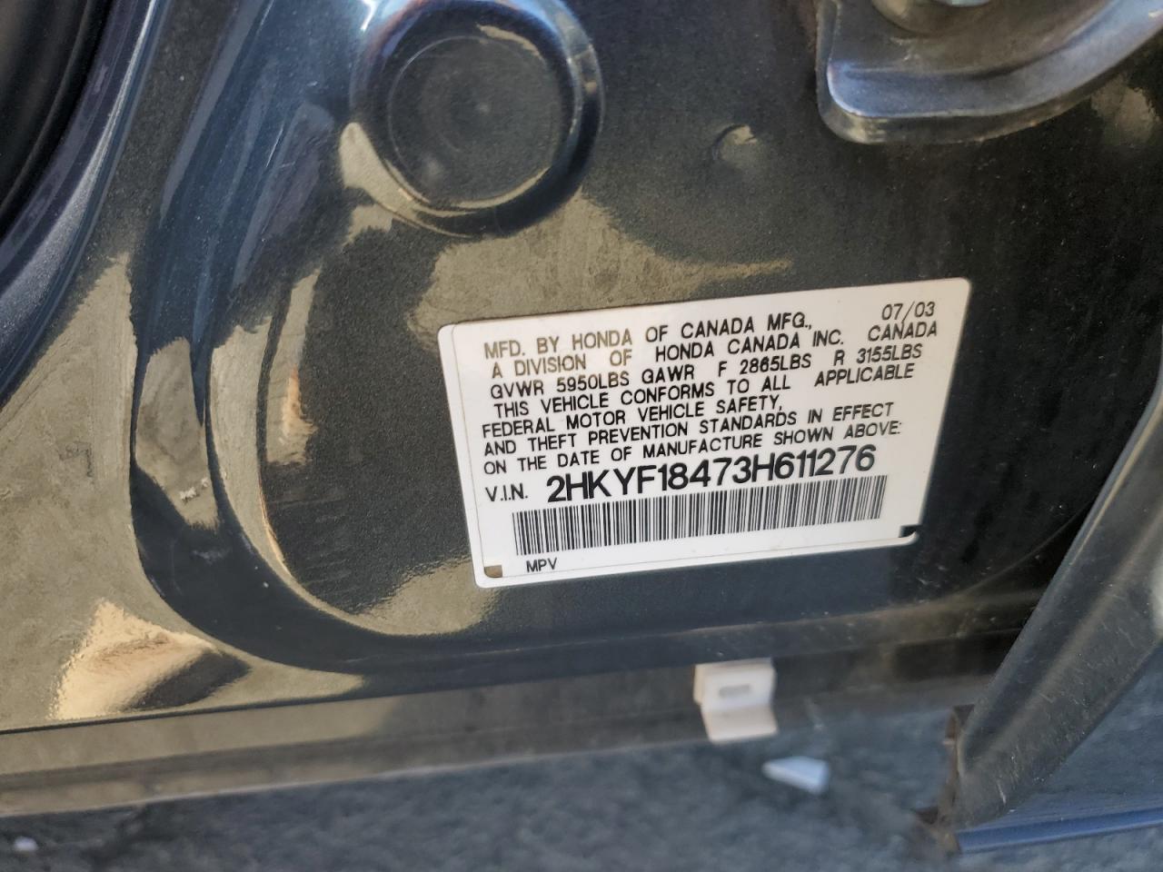 2003 Honda Pilot Ex VIN: 2HKYF18473H611276 Lot: 65654984