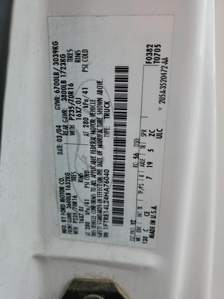 2004 Ford Econoline E150 Van VIN: 1FTRE14L24HA76040 Lot: 64222384