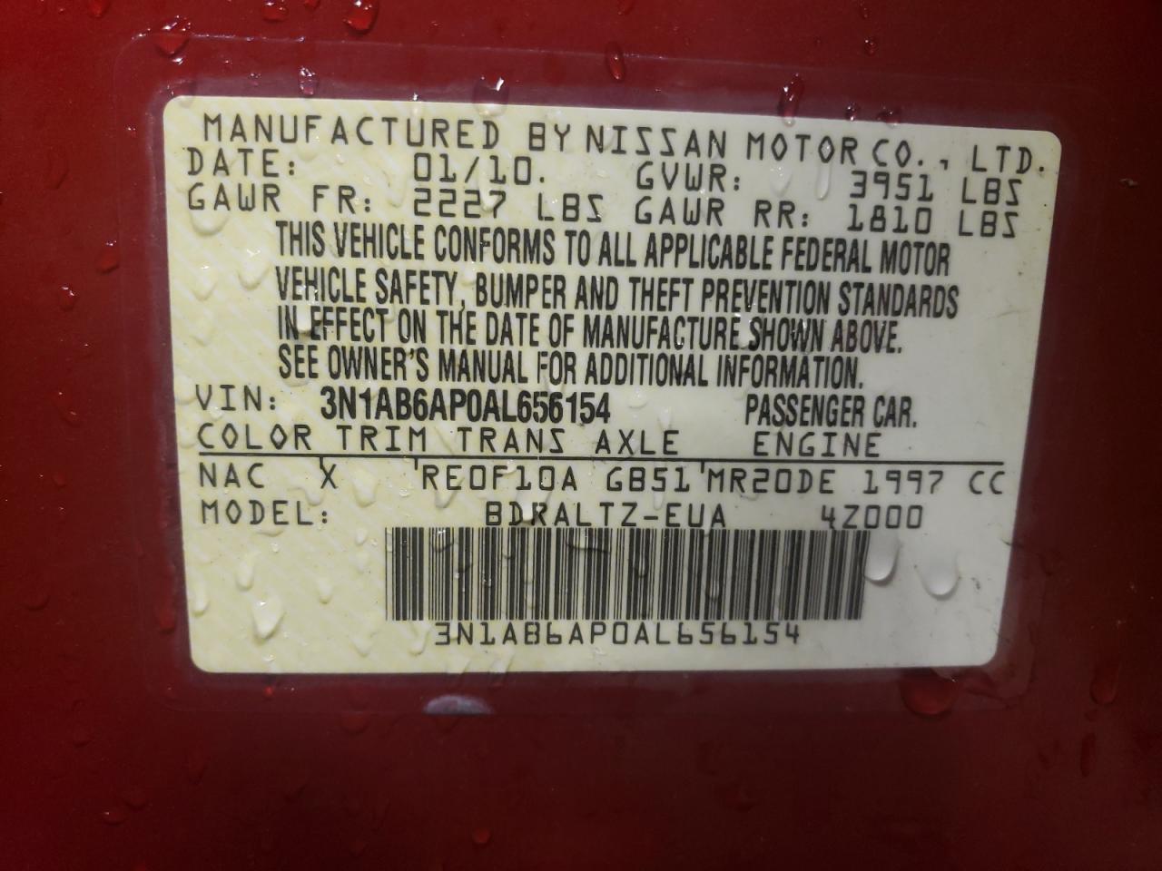 2010 Nissan Sentra 2.0 VIN: 3N1AB6AP0AL656154 Lot: 66283544