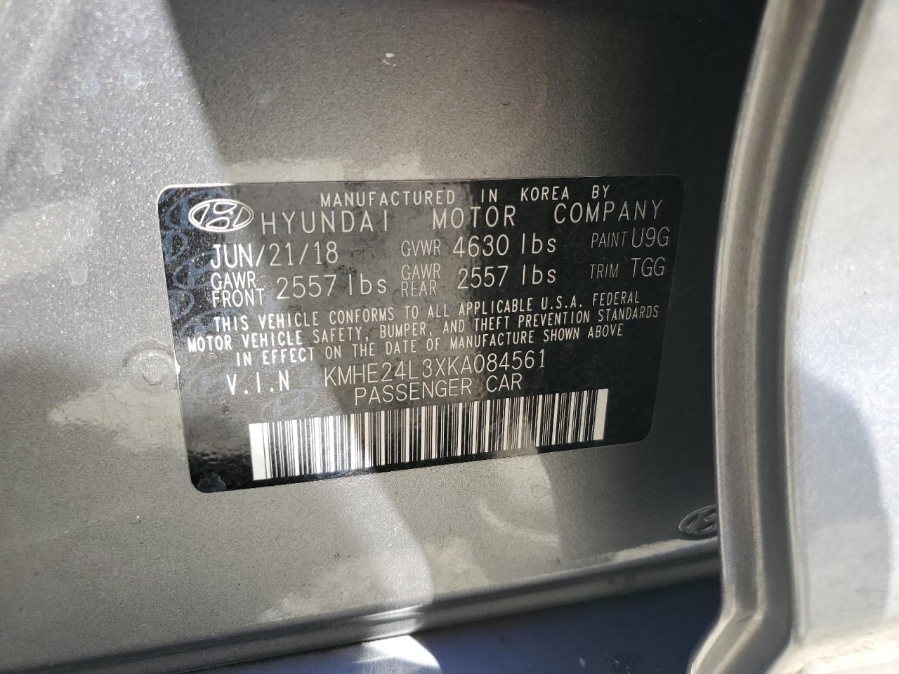 2019 Hyundai Sonata Hybrid VIN: KMHE24L3XKA084561 Lot: 67536094