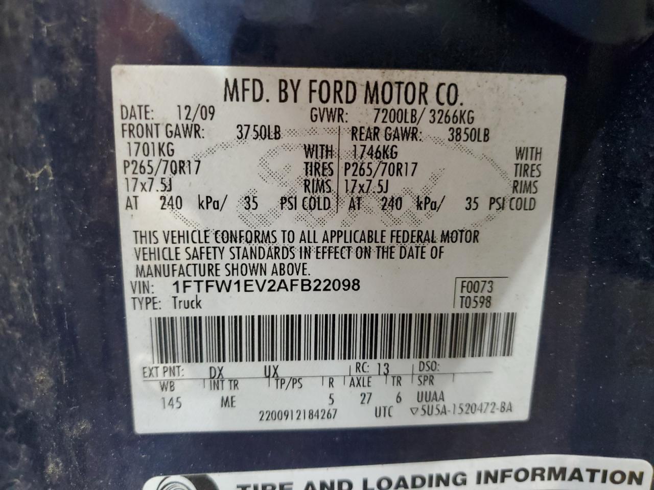 1FTFW1EV2AFB22098 2010 Ford F150 Supercrew