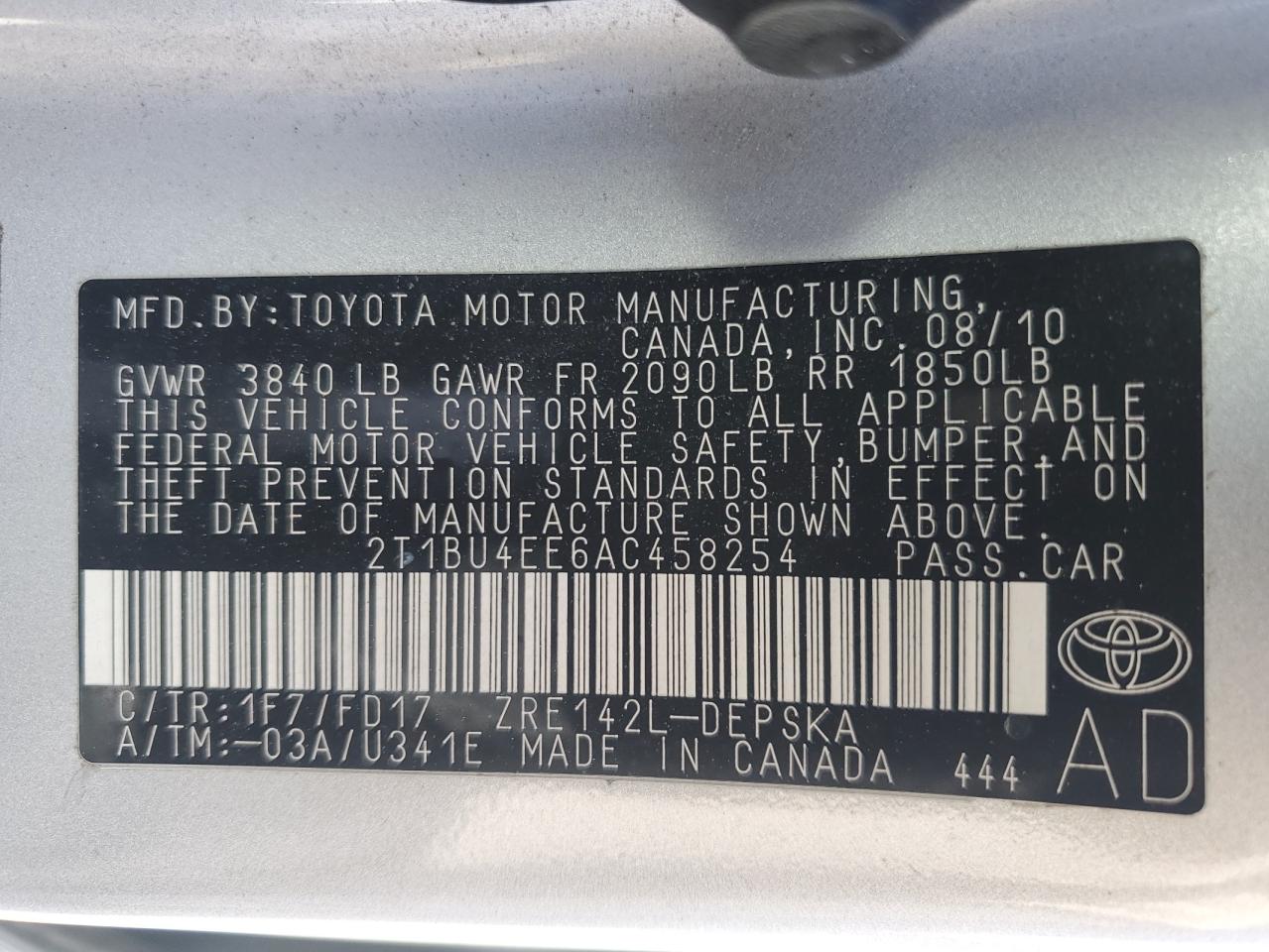 2010 Toyota Corolla Base VIN: 2T1BU4EE6AC458254 Lot: 69139594