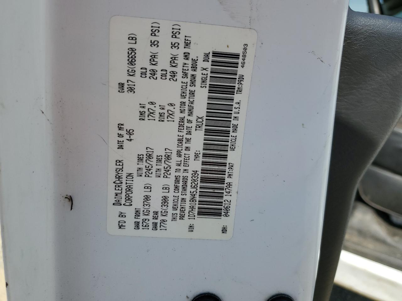 2005 Dodge Ram 1500 St VIN: 1D7HA18N45J620394 Lot: 64876154