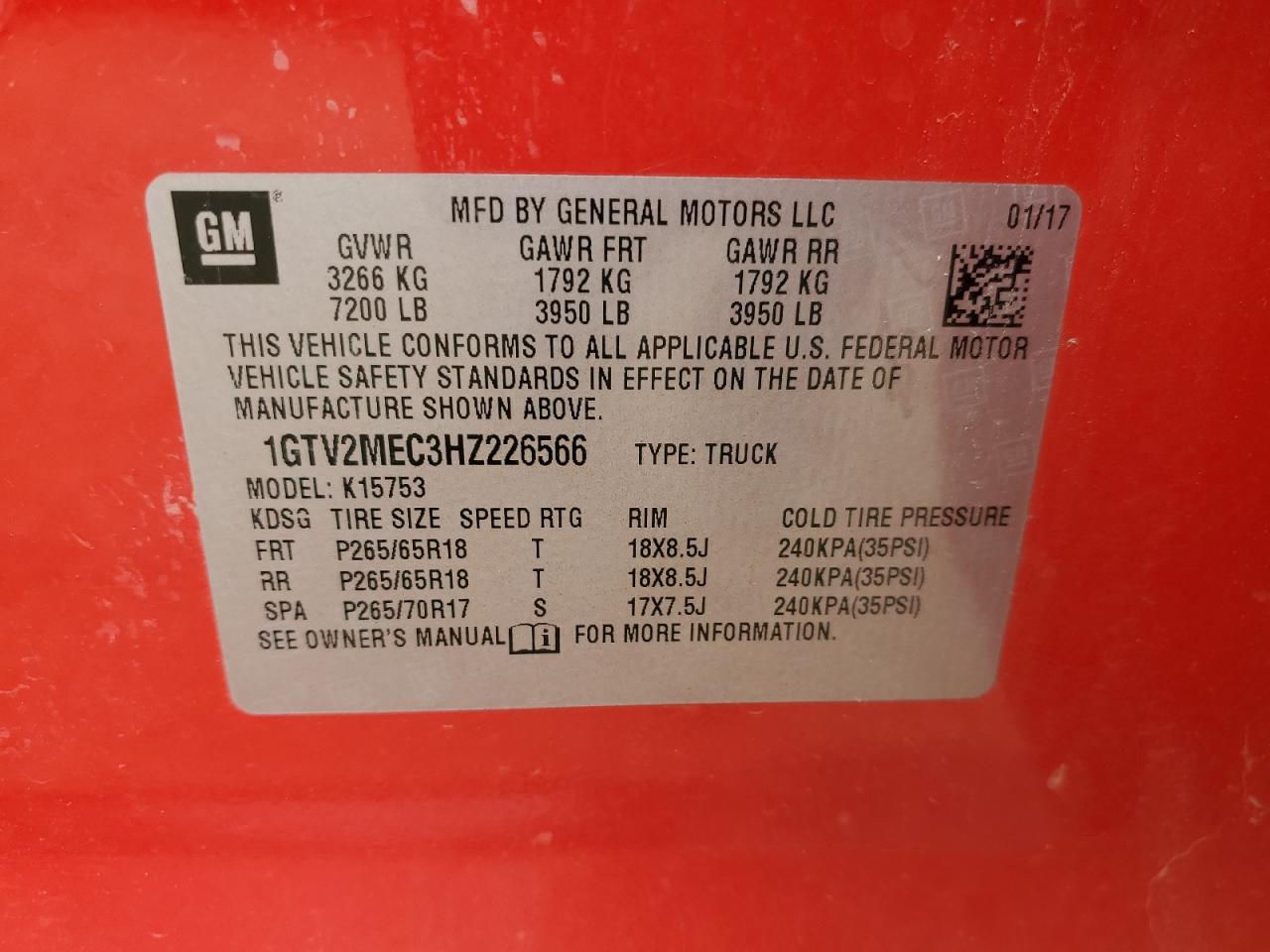 1GTV2MEC3HZ226566 2017 GMC Sierra K1500 Sle