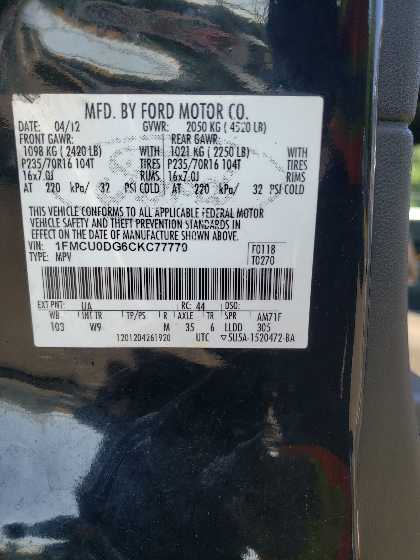 1FMCU0DG6CKC77779 2012 Ford Escape Xlt