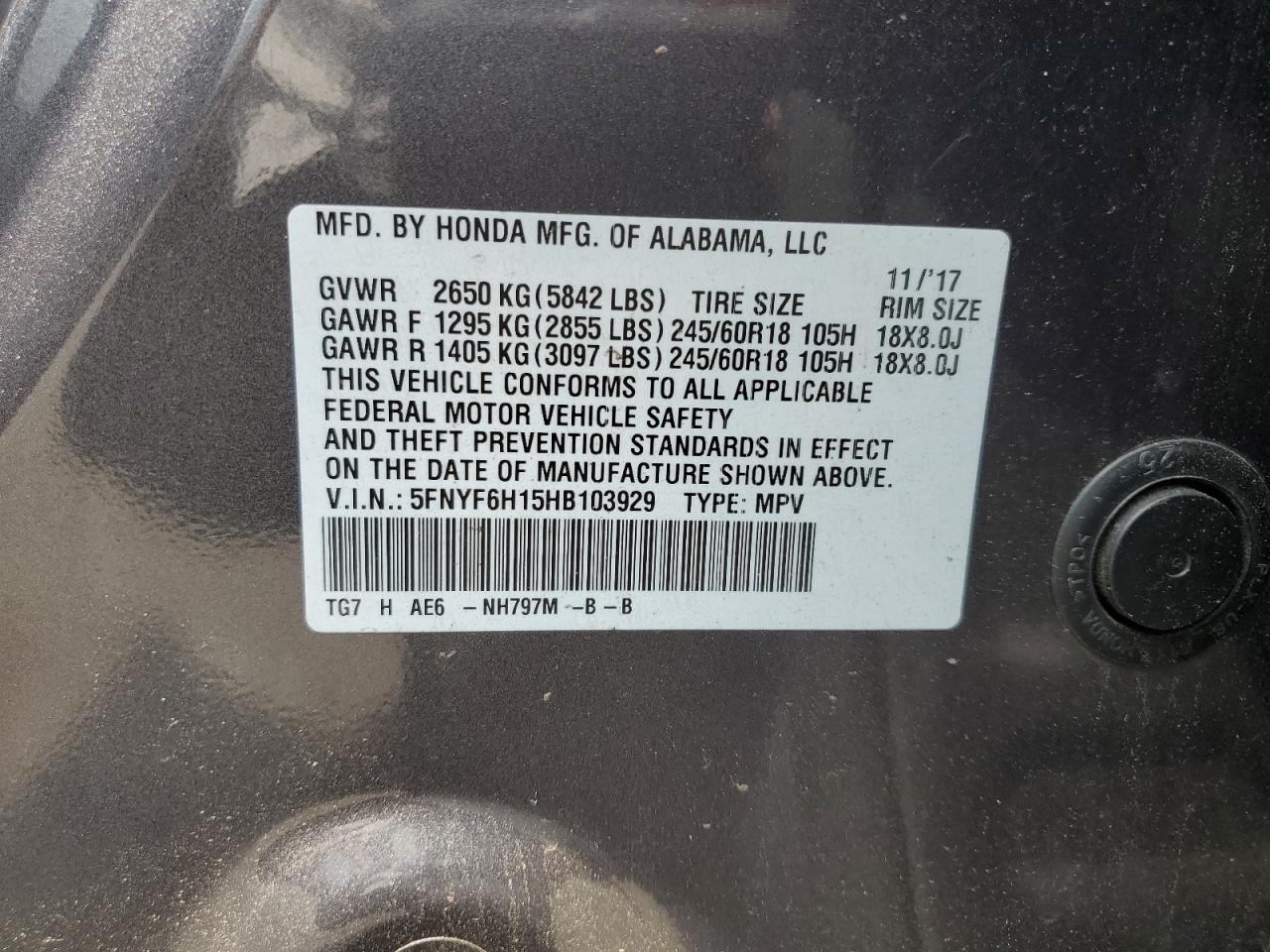 2017 Honda Pilot Lx VIN: 5FNYF6H15HB103929 Lot: 65455874