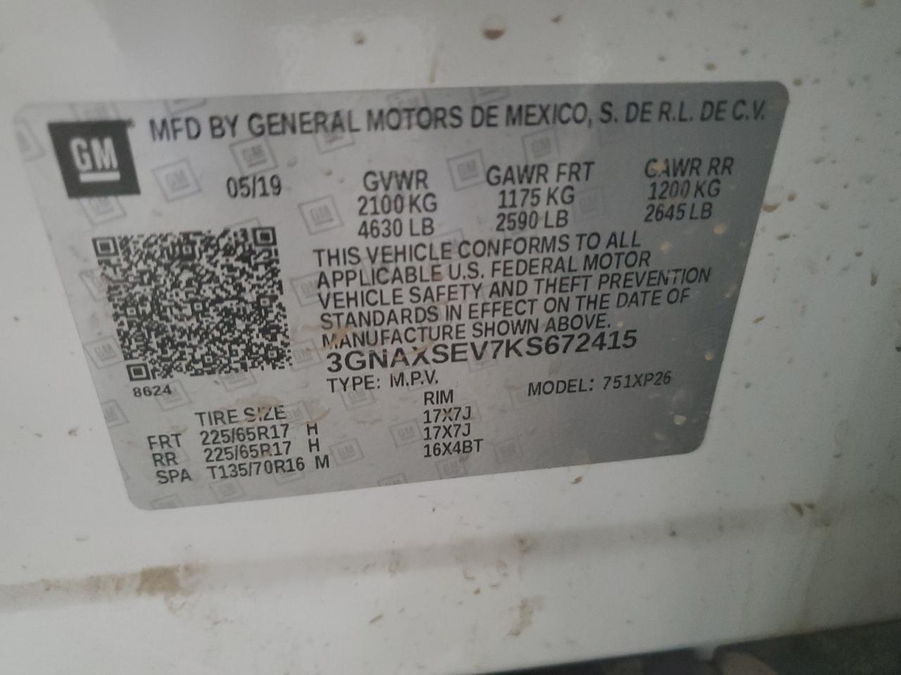 3GNAXSEV7KS672415 2019 Chevrolet Equinox Ls